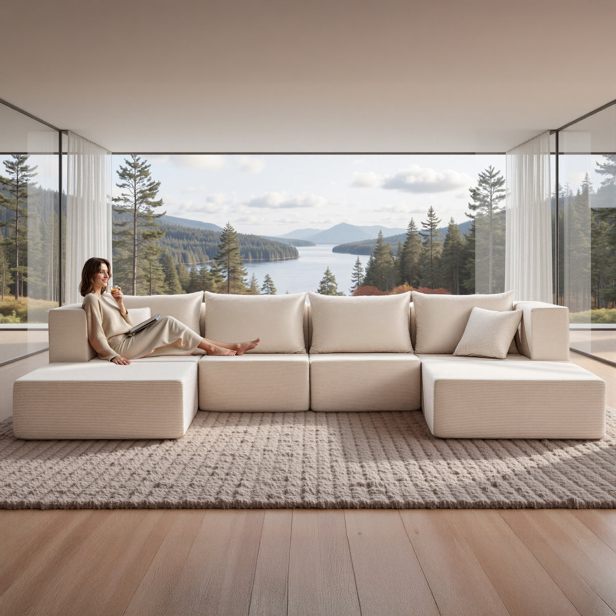 YINIX 140"Corduroy Sectional Sofa for Living Room, Comfy Cloud Couch with Movable Ottomans, Beige