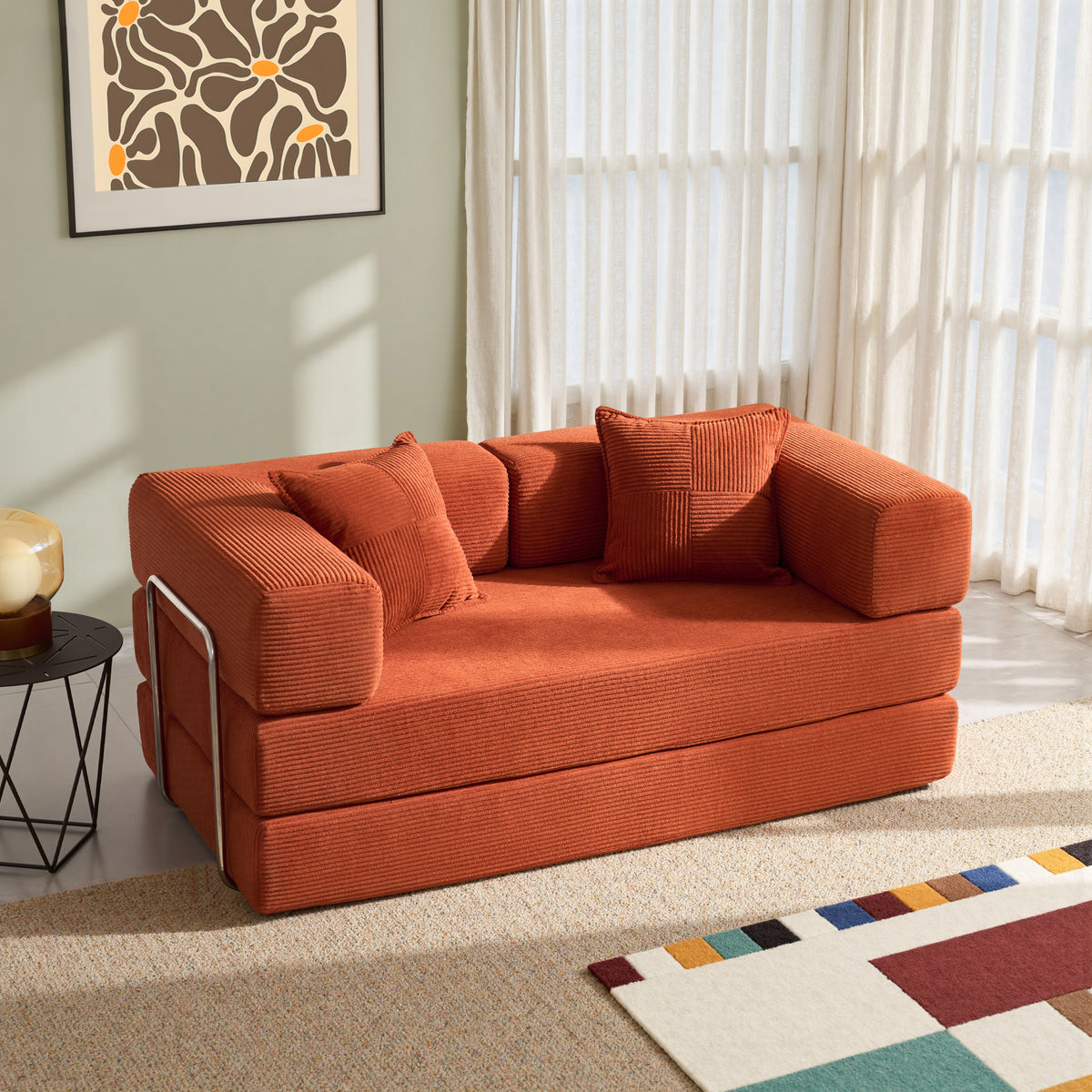 YINIX 62.9" Convertible Sleeper Sofa Bed with 2 Pillows, Removable Floor Sofa Couch for Living Room Small Spaces, Orange