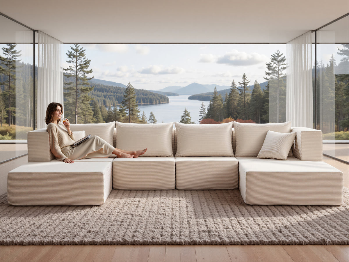 YINIX 140"Corduroy Sectional Sofa for Living Room, Comfy Cloud Couch with Movable Ottomans, Beige