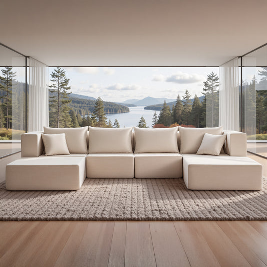 YINIX 140"Corduroy Sectional Sofa for Living Room, Comfy Cloud Couch with Movable Ottomans, Beige