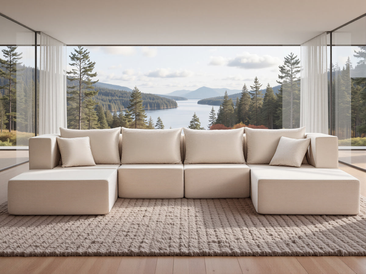 YINIX 140"Corduroy Sectional Sofa for Living Room, Comfy Cloud Couch with Movable Ottomans, Beige