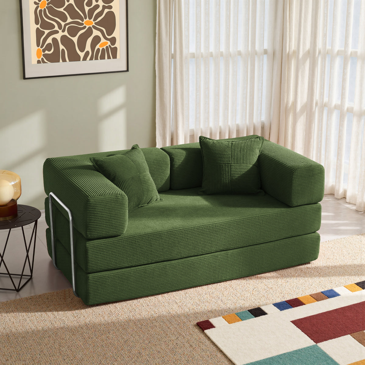 YINIX 62.9" Convertible Sleeper Sofa Bed with 2 Pillows, Removable Floor Sofa Couch for Living Room Small Spaces, Green