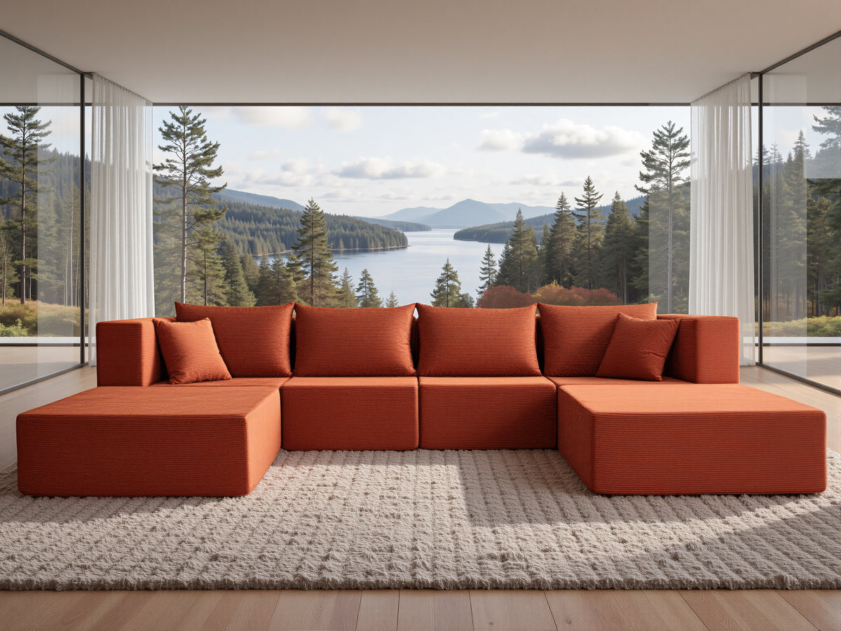 YINIX 140"Corduroy Sectional Sofa for Living Room, Comfy Cloud Couch with Movable Ottomans, Orange
