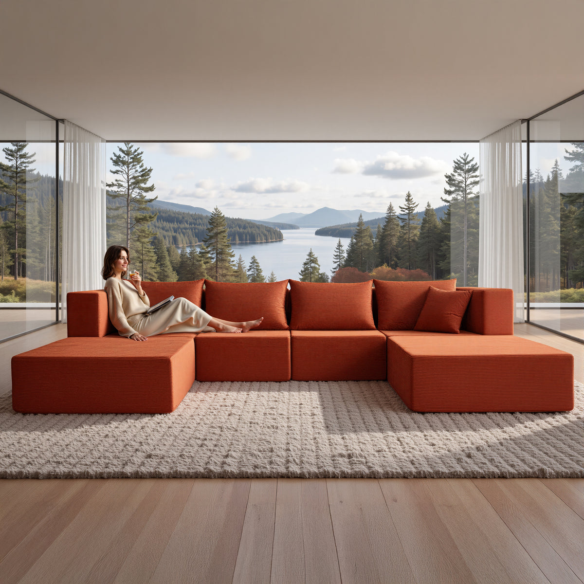 YINIX 140"Corduroy Sectional Sofa for Living Room, Comfy Cloud Couch with Movable Ottomans, Orange