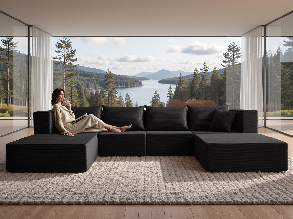 YINIX 140"Corduroy Sectional Sofa for Living Room, Comfy Cloud Couch with Movable Ottomans, Black