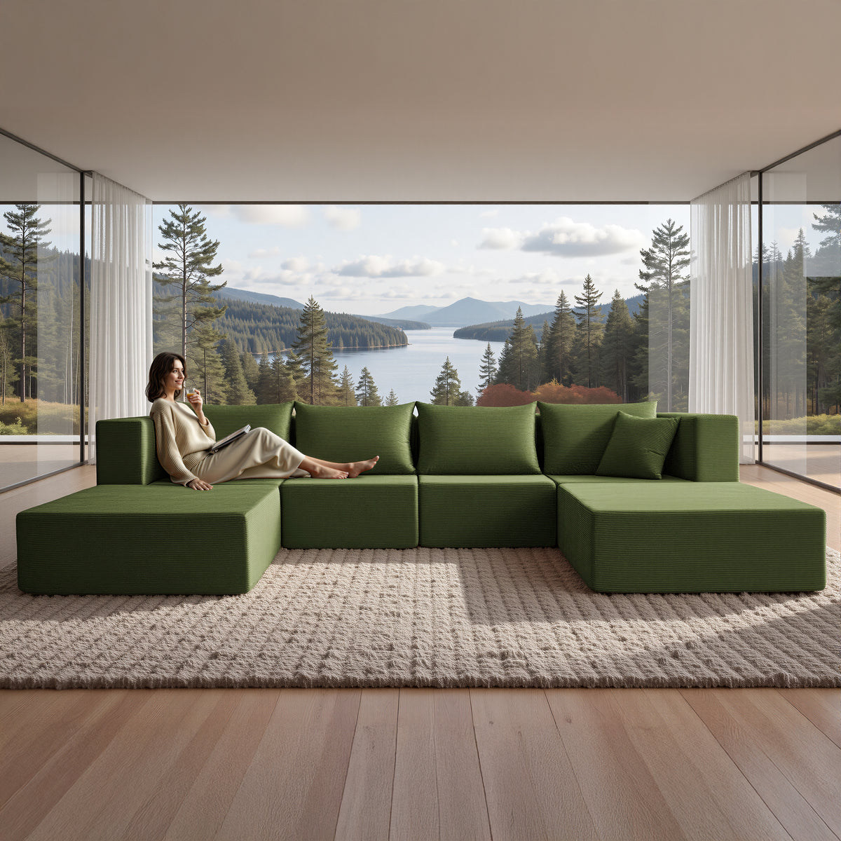 YINIX 140"Corduroy Sectional Sofa for Living Room, Comfy Cloud Couch with Movable Ottomans, Green