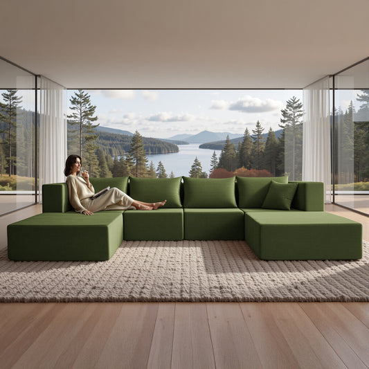 YINIX 140"Corduroy Sectional Sofa for Living Room, Comfy Cloud Couch with Movable Ottomans, Green