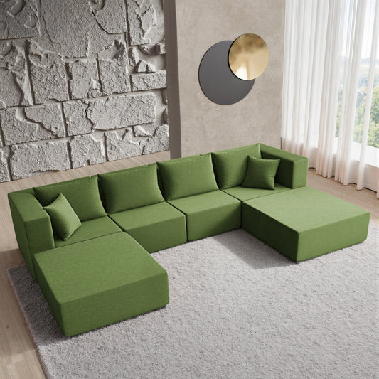 YINIX 140"Corduroy Sectional Sofa for Living Room, Comfy Cloud Couch with Movable Ottomans, Green