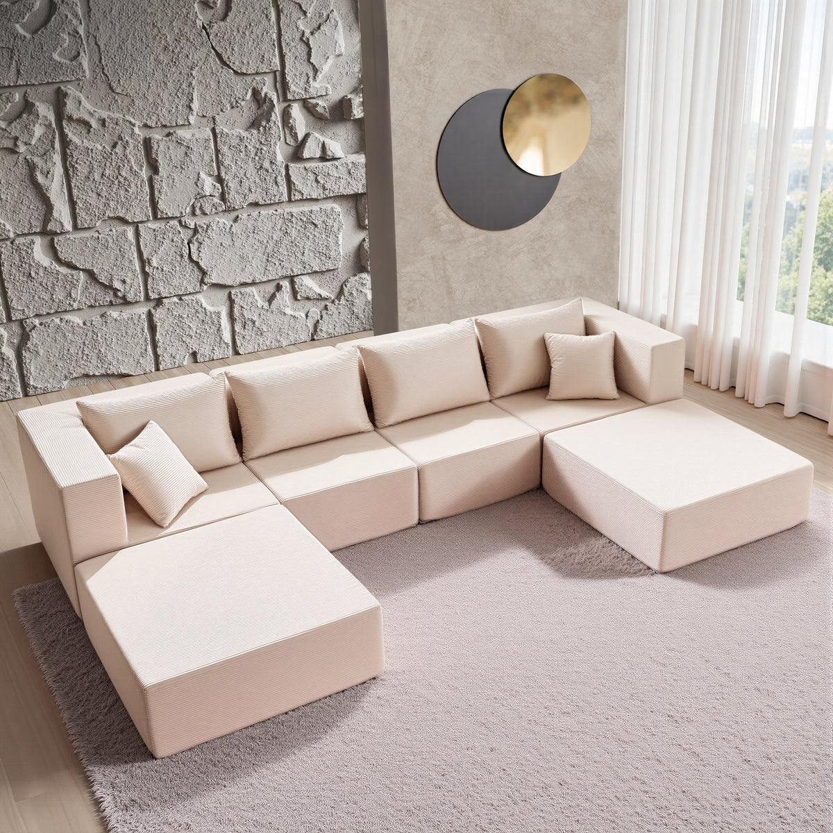YINIX 140"Corduroy Sectional Sofa for Living Room, Comfy Cloud Couch with Movable Ottomans, Beige