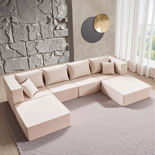 YINIX 140"Corduroy Sectional Sofa for Living Room, Comfy Cloud Couch with Movable Ottomans, Beige