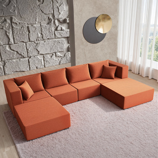 YINIX 140"Corduroy Sectional Sofa for Living Room, Comfy Cloud Couch with Movable Ottomans, Orange