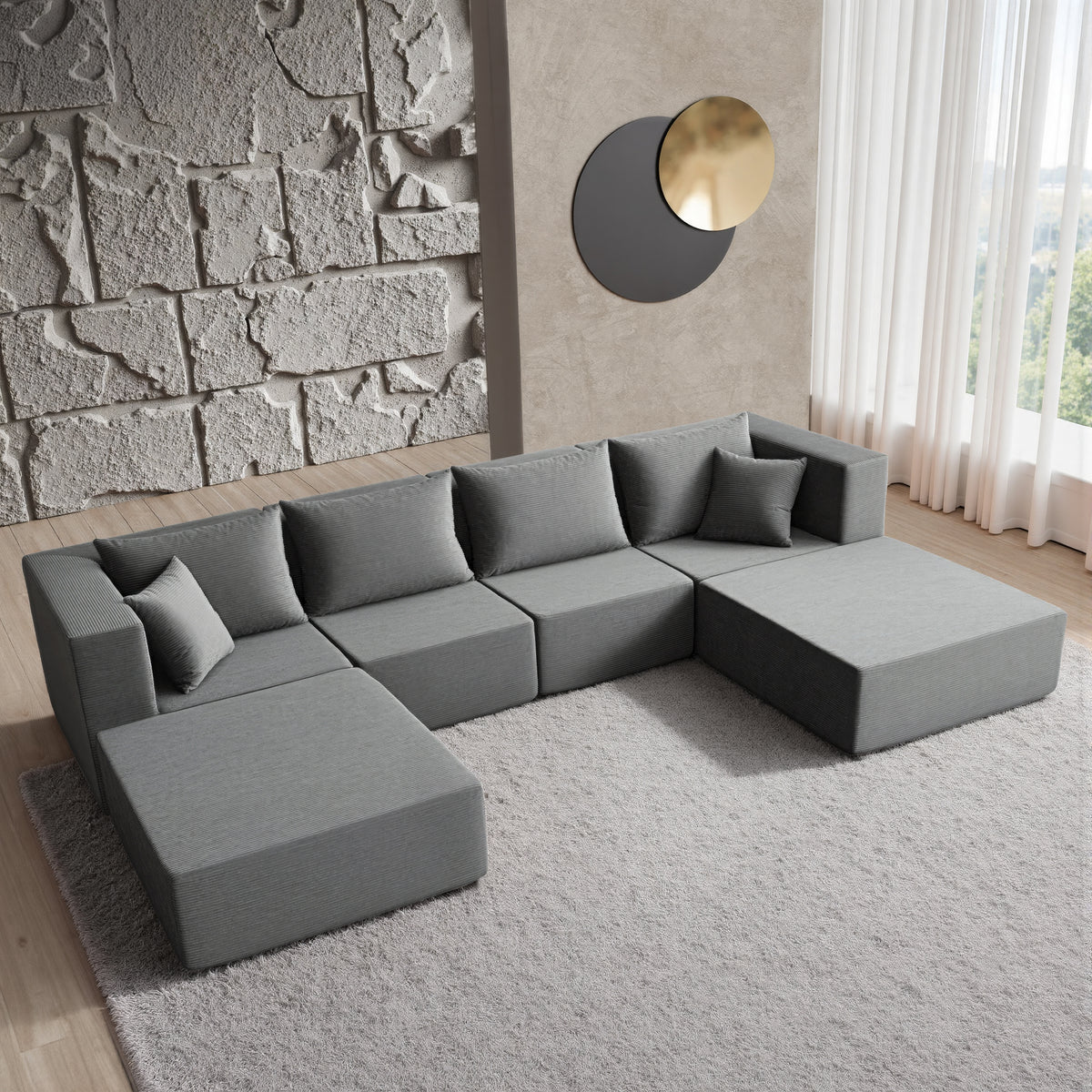 YINIX 140"Corduroy Sectional Sofa for Living Room, Comfy Cloud Couch with Movable Ottomans, Grey