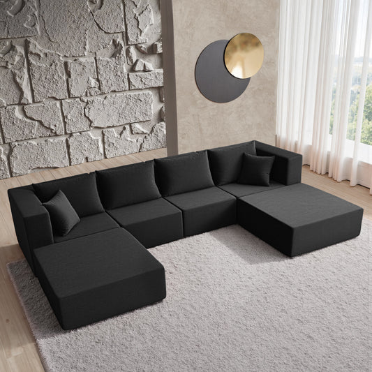 YINIX 140"Corduroy Sectional Sofa for Living Room, Comfy Cloud Couch with Movable Ottomans, Black