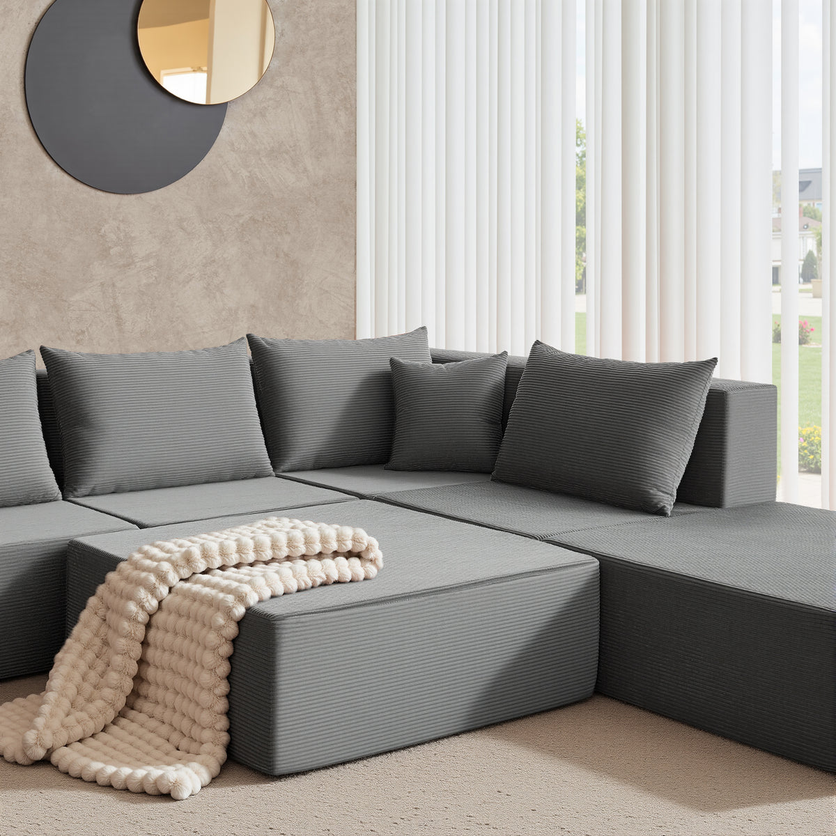 YINIX 140"Corduroy Sectional Sofa for Living Room, Comfy Cloud Couch with Movable Ottomans, Grey