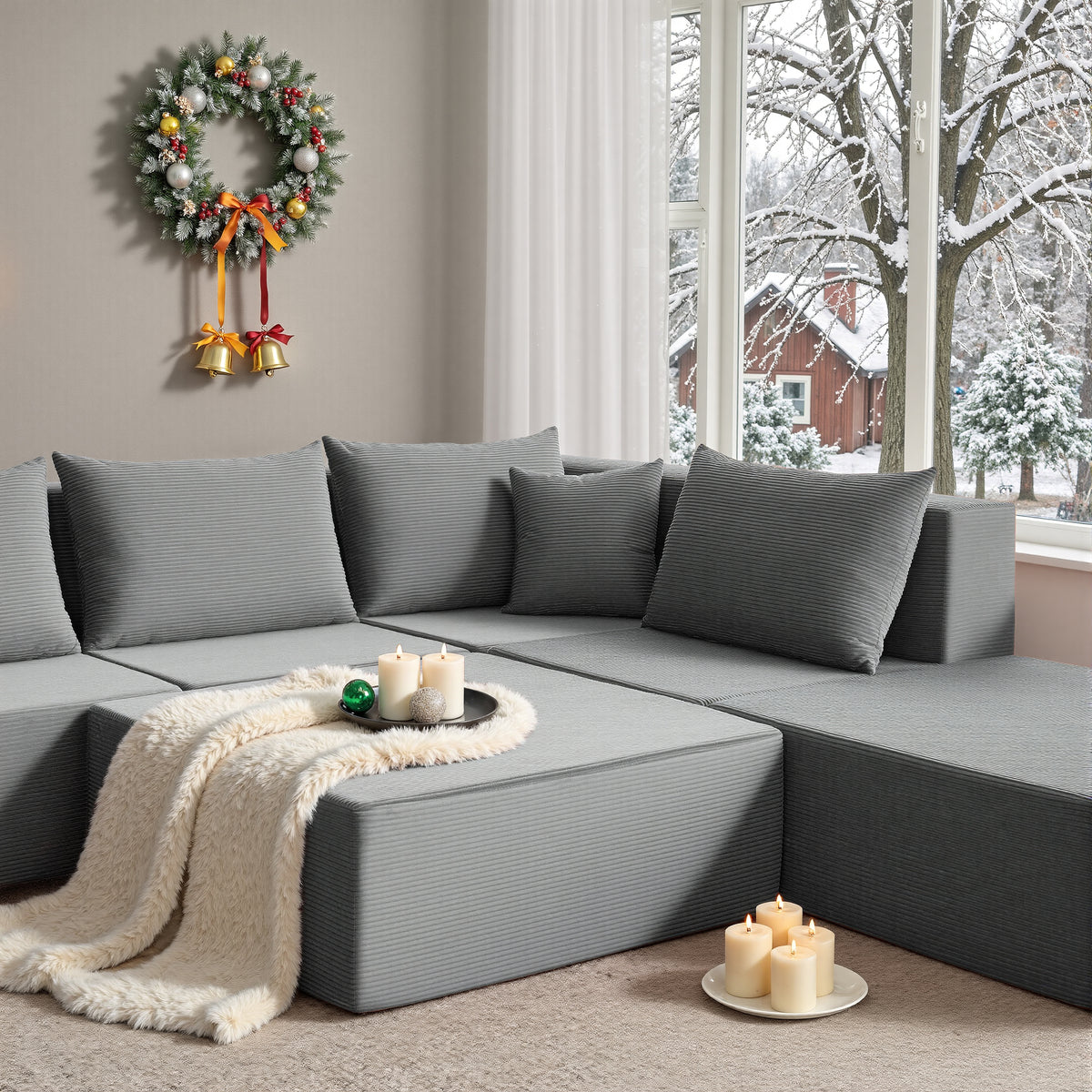 YINIX 140"Corduroy Sectional Sofa for Living Room, Comfy Cloud Couch with Movable Ottomans, Grey