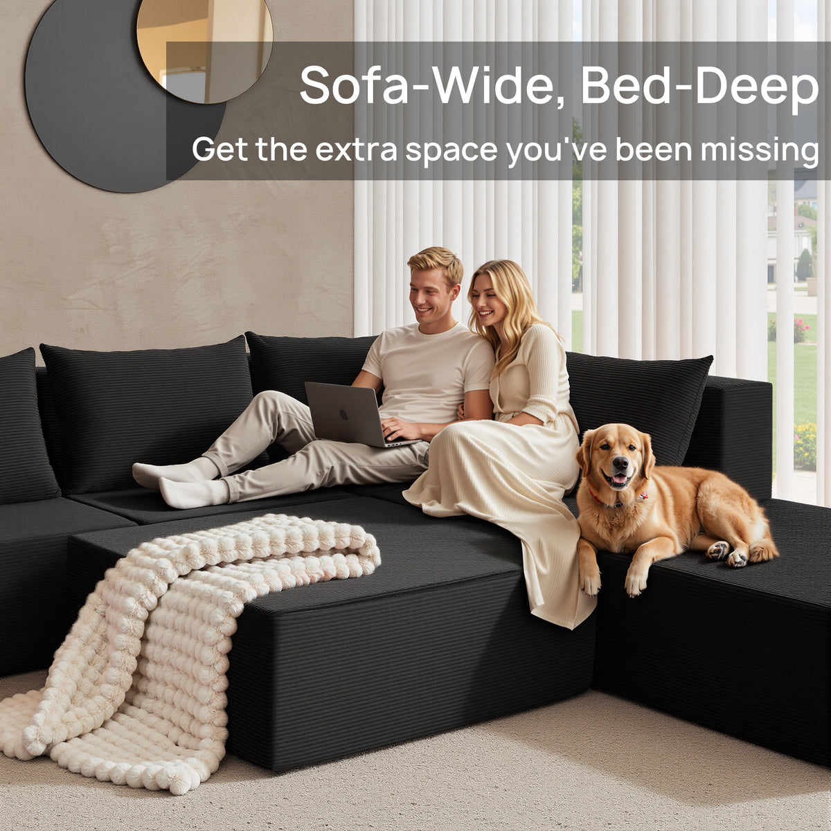 YINIX 140"Corduroy Sectional Sofa for Living Room, Comfy Cloud Couch with Movable Ottomans, Black