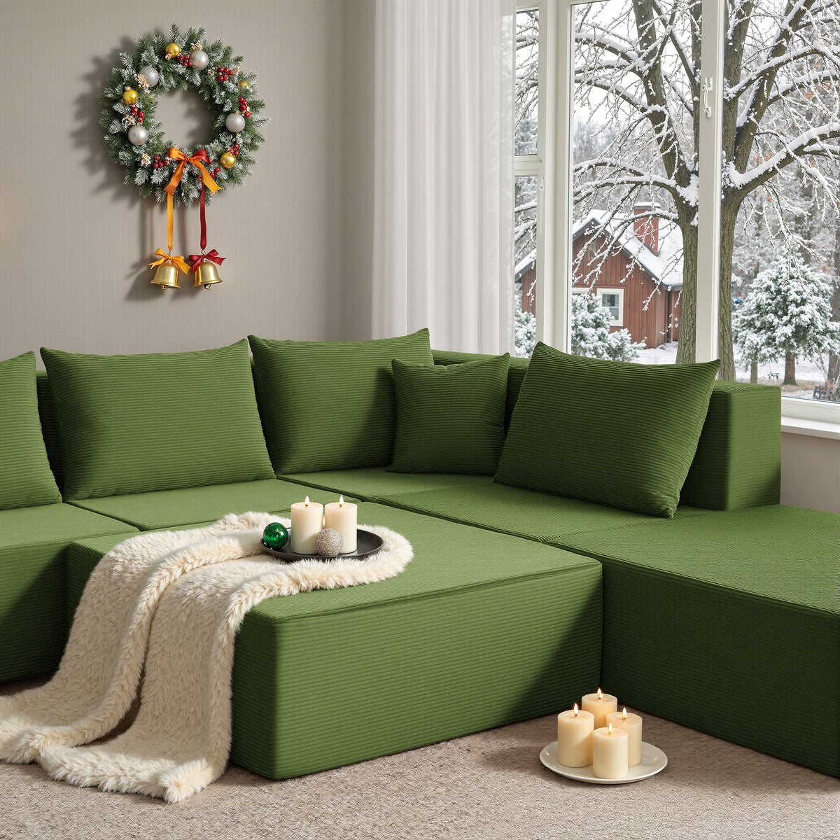 YINIX 140"Corduroy Sectional Sofa for Living Room, Comfy Cloud Couch with Movable Ottomans, Green