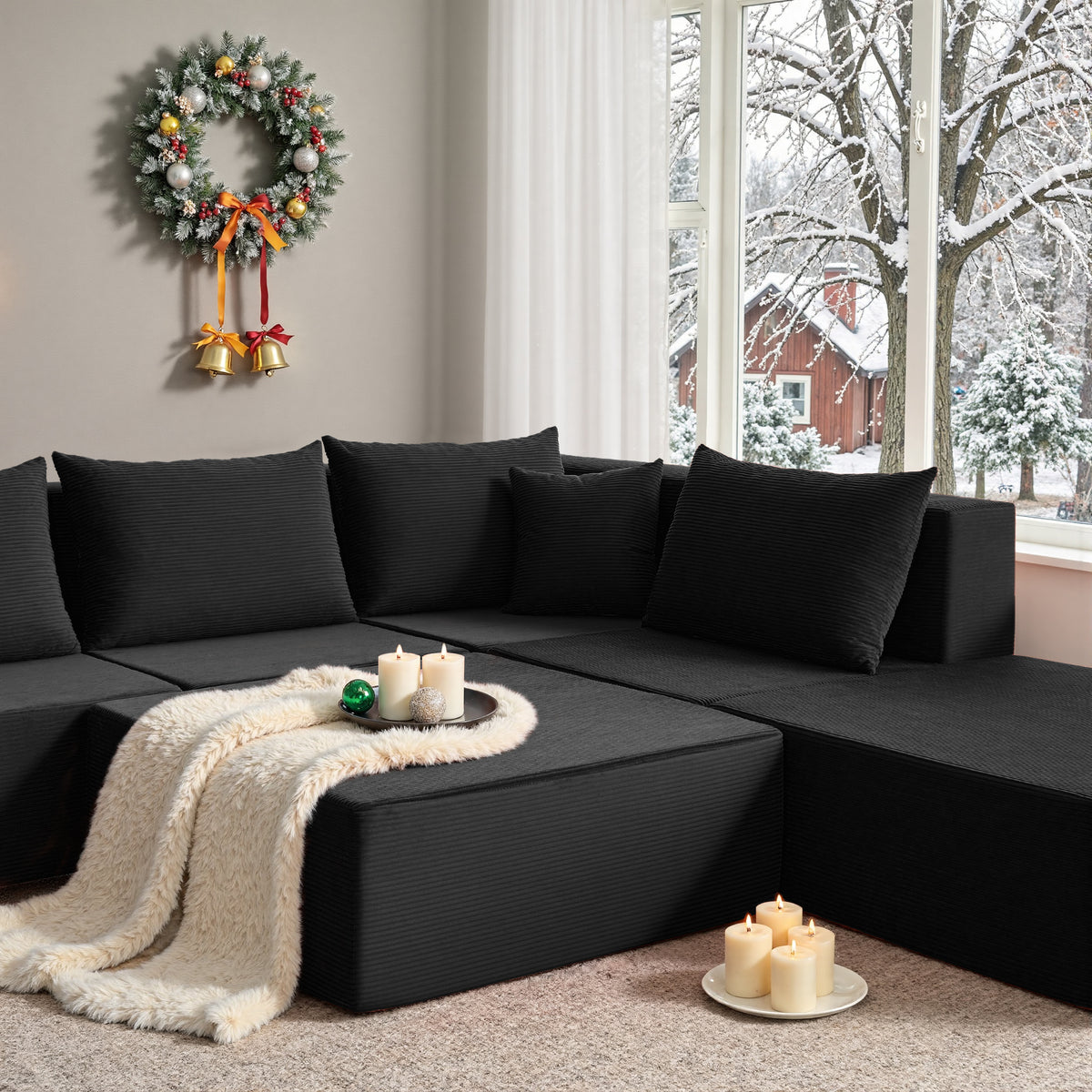 YINIX 140"Corduroy Sectional Sofa for Living Room, Comfy Cloud Couch with Movable Ottomans, Black