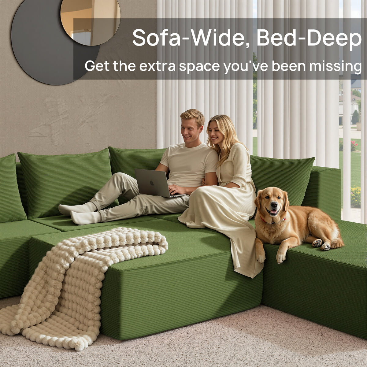 YINIX 140"Corduroy Sectional Sofa for Living Room, Comfy Cloud Couch with Movable Ottomans, Green