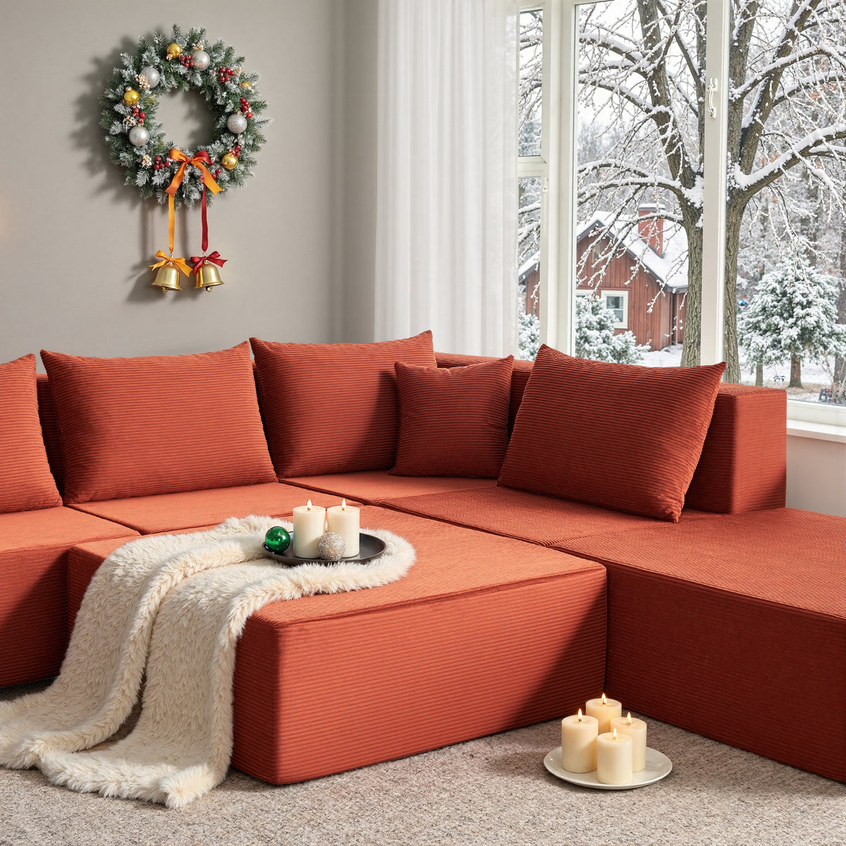 YINIX 140"Corduroy Sectional Sofa for Living Room, Comfy Cloud Couch with Movable Ottomans, Orange