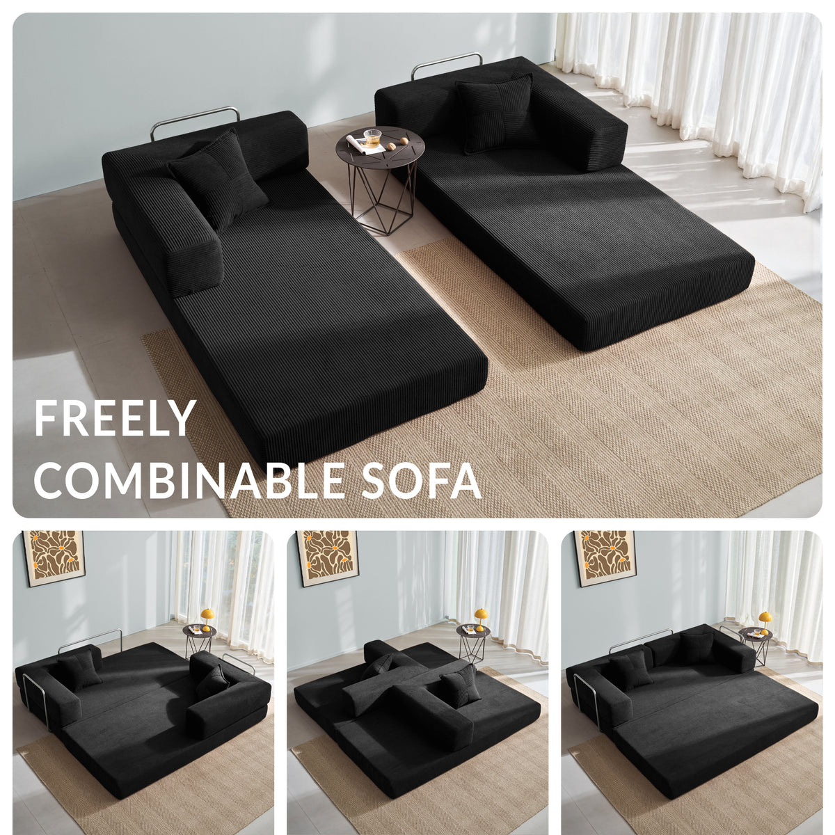 YINIX 62.9" Convertible Sofa Bed with 2 Pillows, Removable Floor Sofa Couch for Living Room Small Spaces, Black