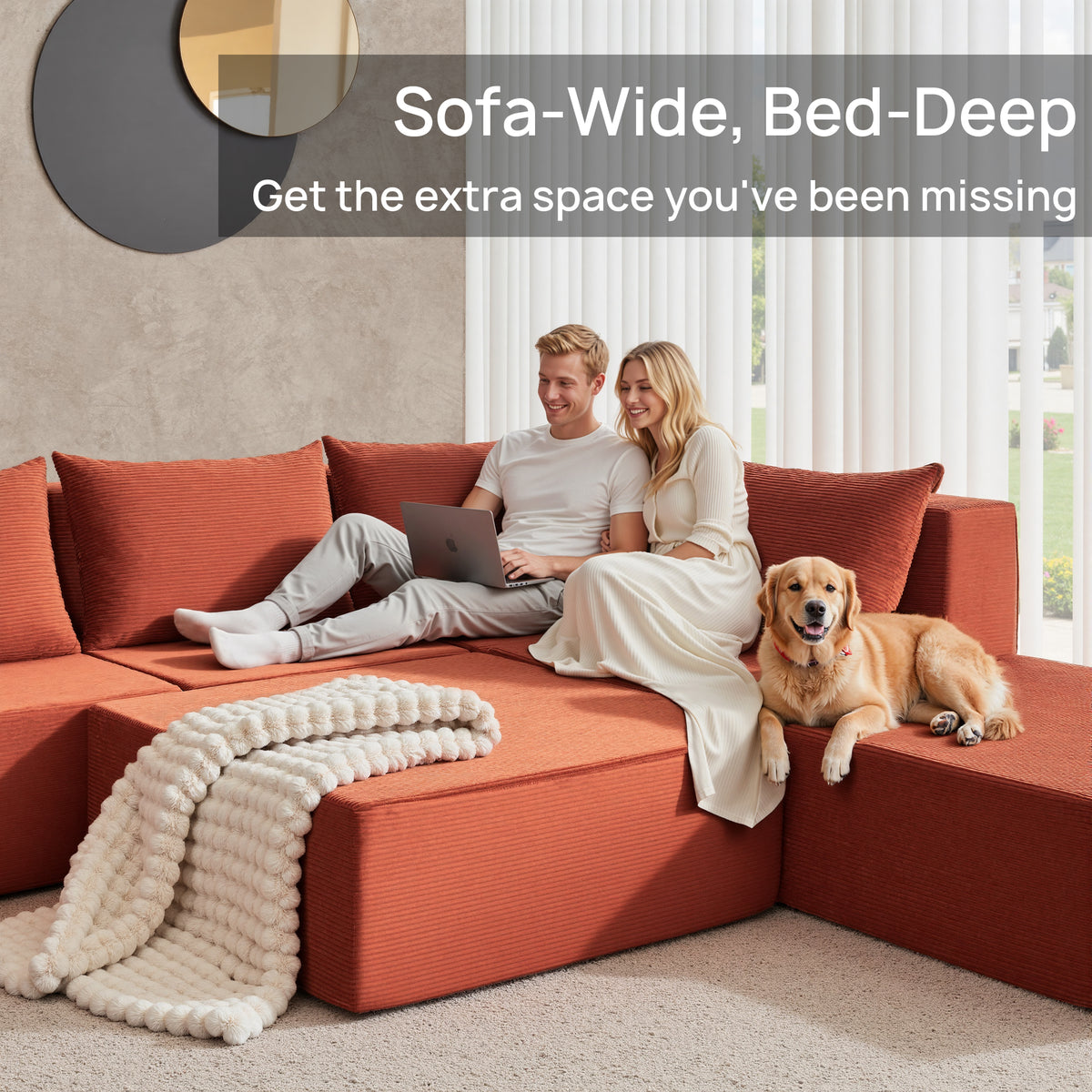 YINIX 140"Corduroy Sectional Sofa for Living Room, Comfy Cloud Couch with Movable Ottomans, Orange