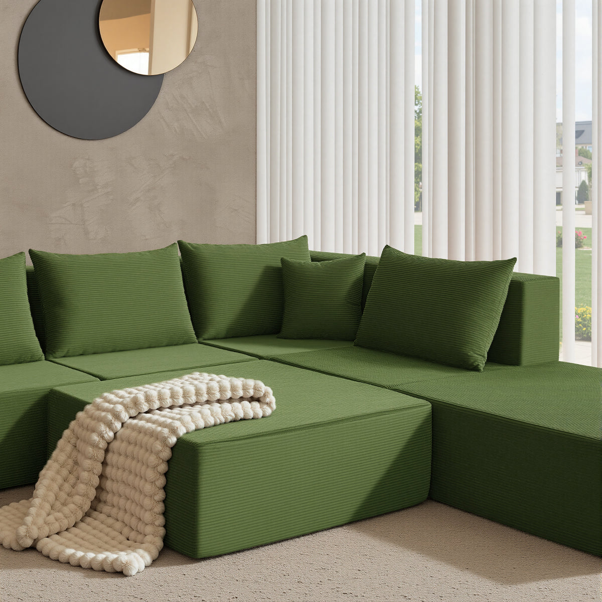 YINIX 140"Corduroy Sectional Sofa for Living Room, Comfy Cloud Couch with Movable Ottomans, Green
