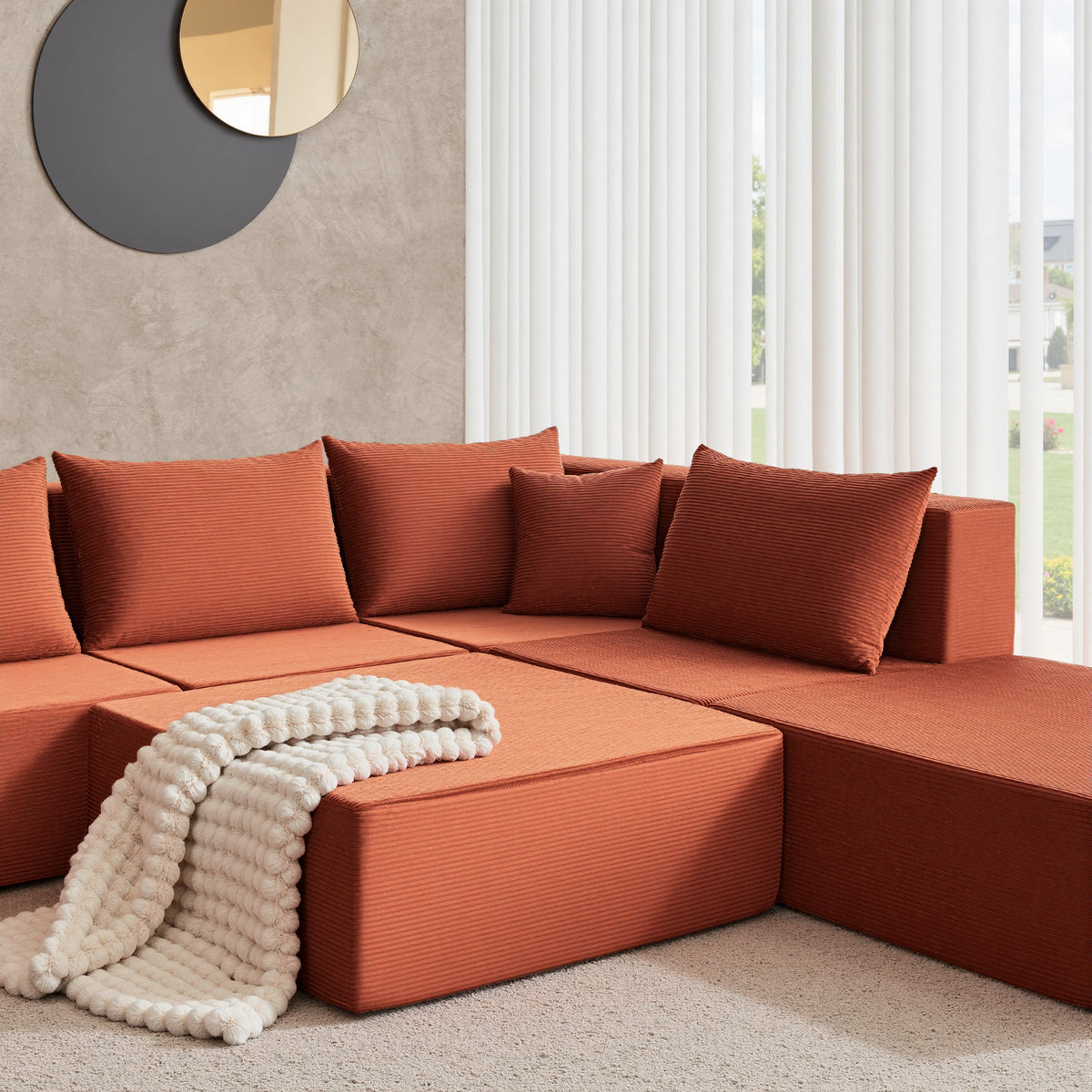 YINIX 140"Corduroy Sectional Sofa for Living Room, Comfy Cloud Couch with Movable Ottomans, Orange