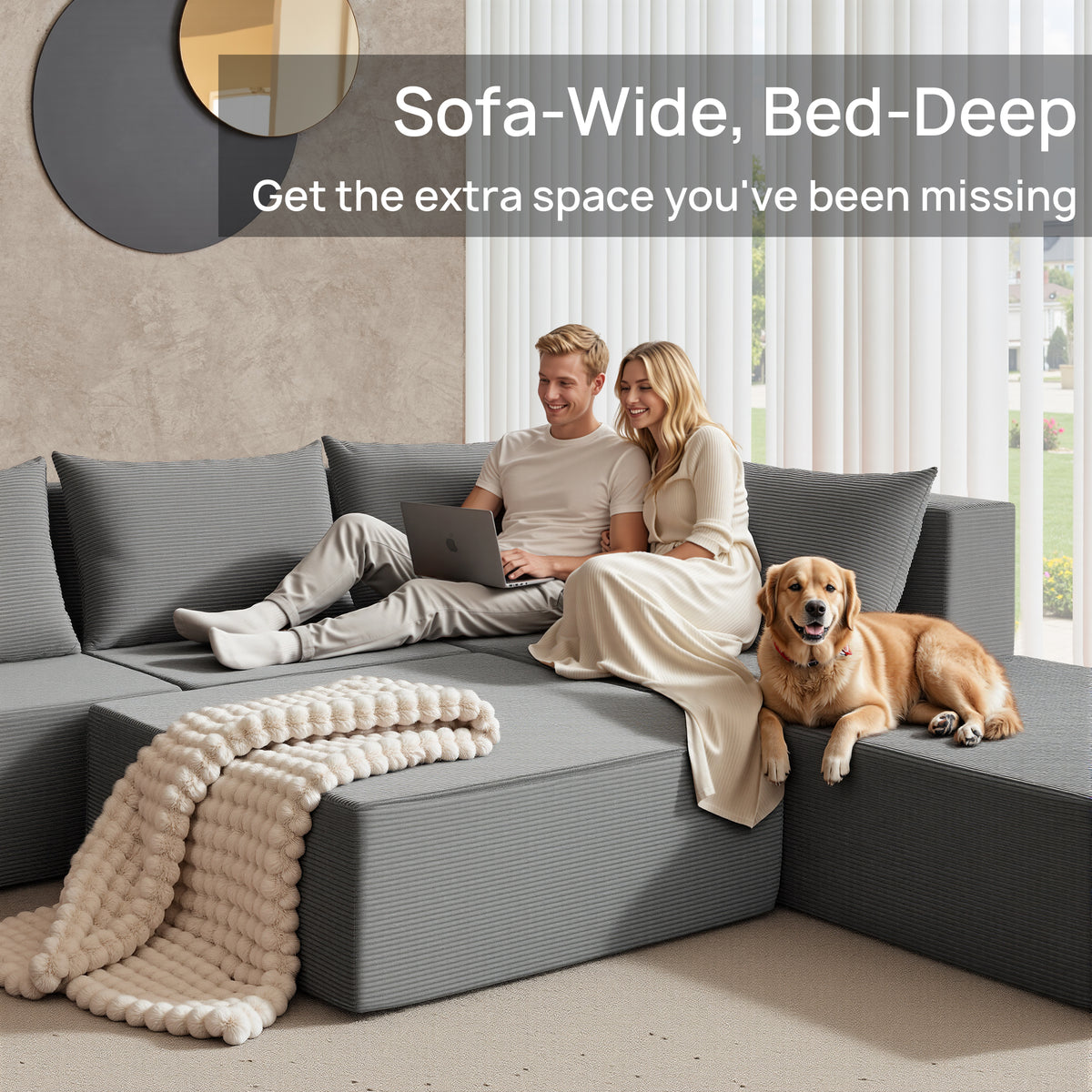 YINIX 140"Corduroy Sectional Sofa for Living Room, Comfy Cloud Couch with Movable Ottomans, Grey