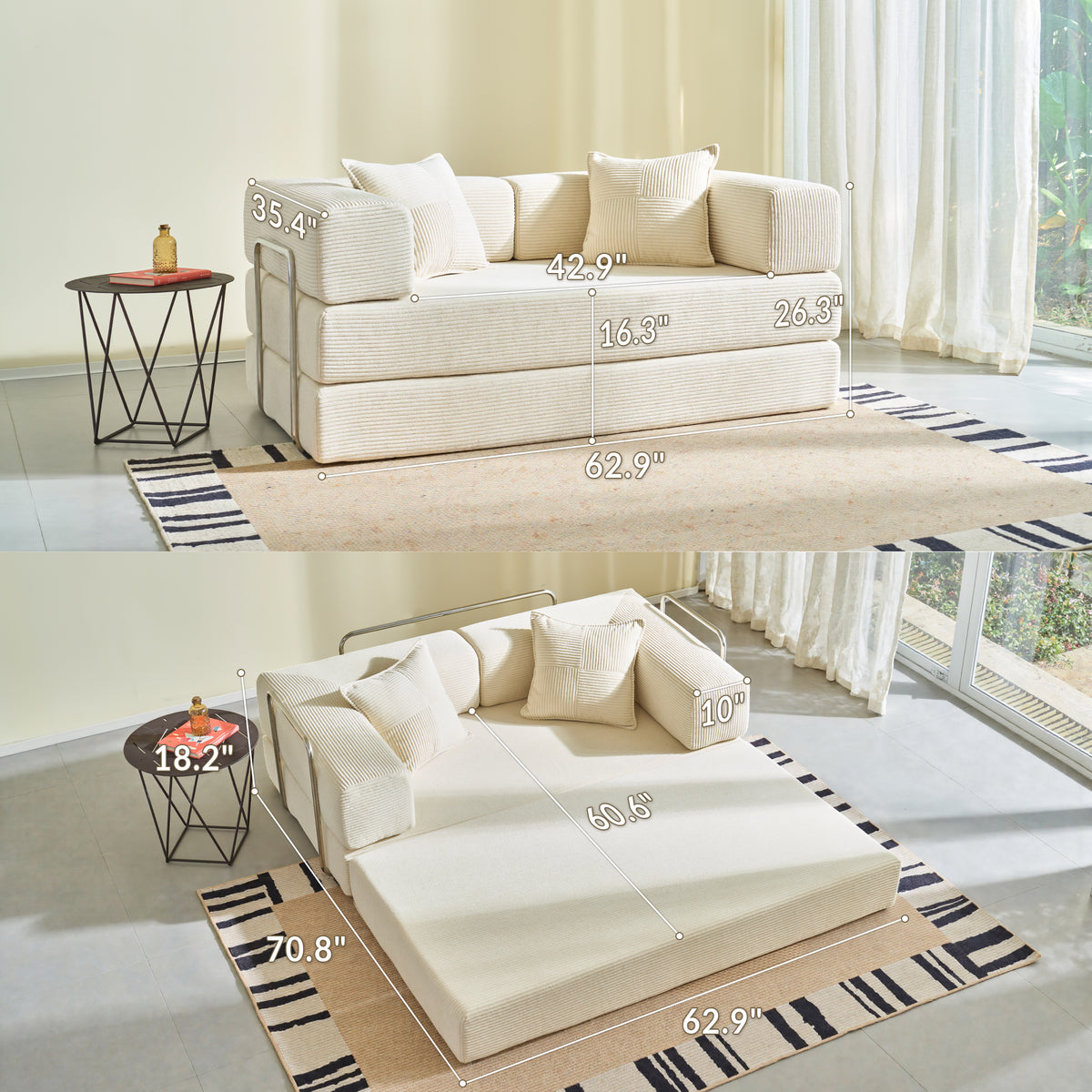 YINIX 62.9" Convertible Sleeper Sofa Bed with 2 Pillows, Removable Floor Sofa Couch for Living Room Small Spaces, Beige