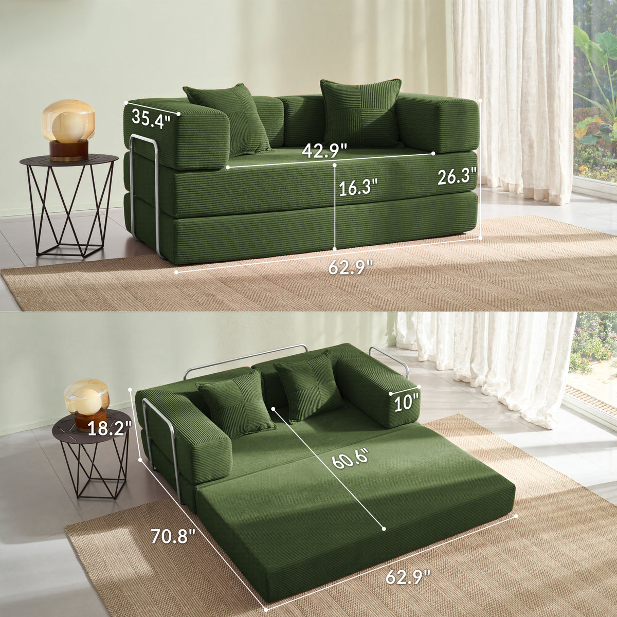 YINIX 62.9" Convertible Sleeper Sofa Bed with 2 Pillows, Removable Floor Sofa Couch for Living Room Small Spaces, Green