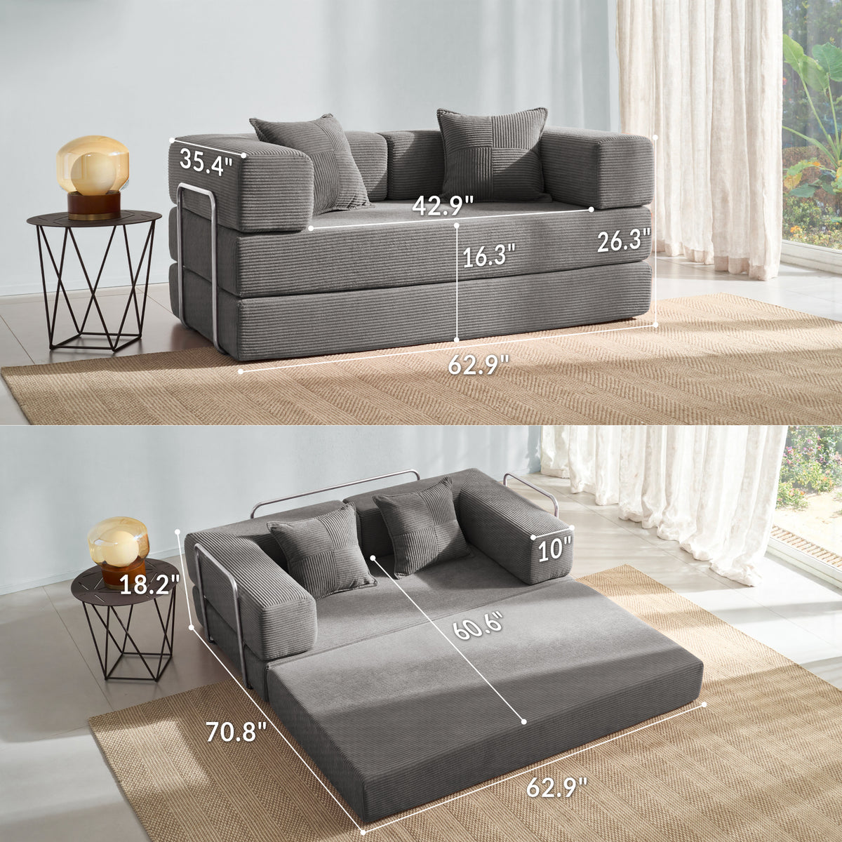 YINIX 62.9" Convertible Sleeper Sofa Bed with 2 Pillows, Removable Floor Sofa Couch for Living Room Small Spaces, Gray