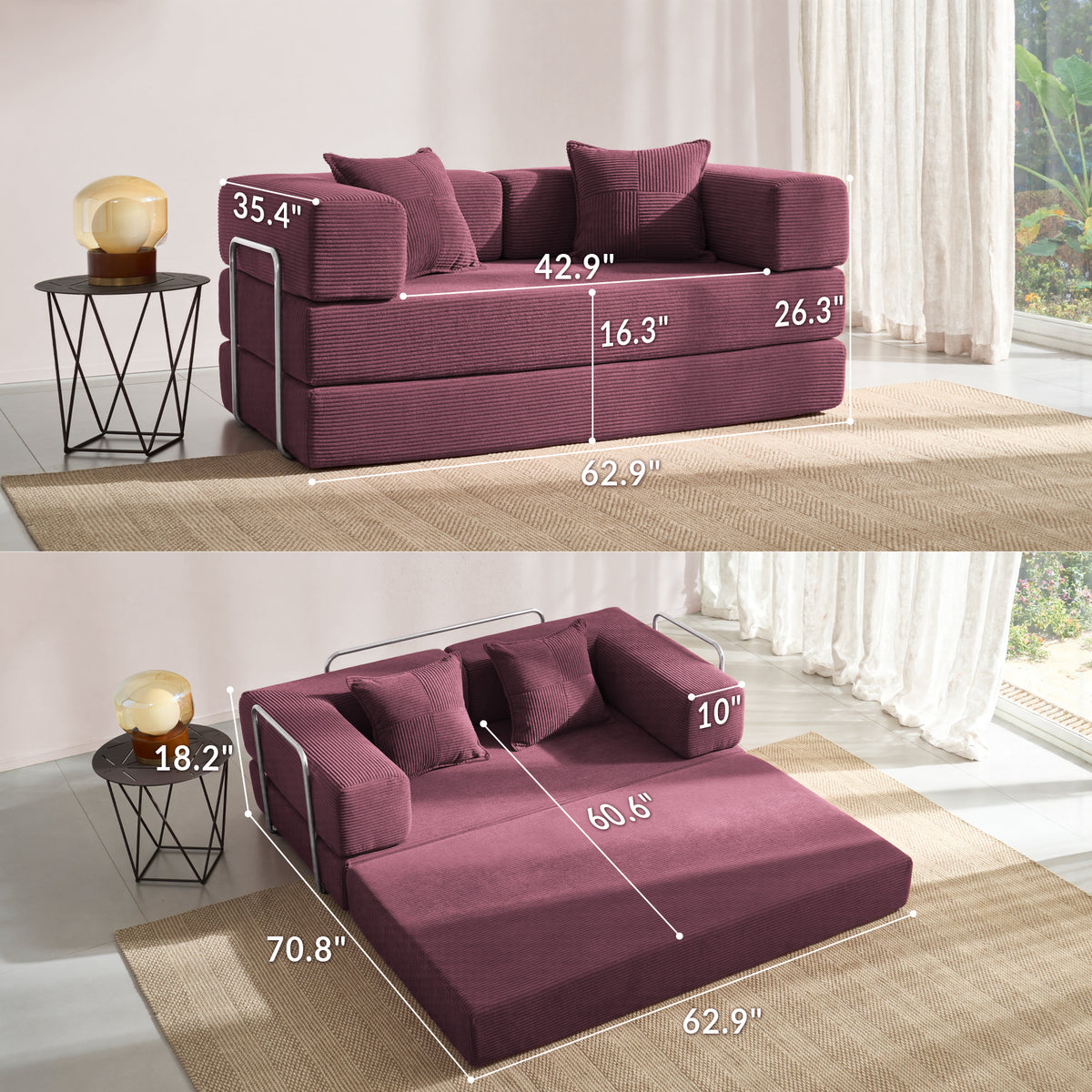 YINIX 62.9" Convertible Sleeper Sofa Bed with 2 Pillows, Removable Floor Sofa Couch for Living Room Small Spaces, Orange