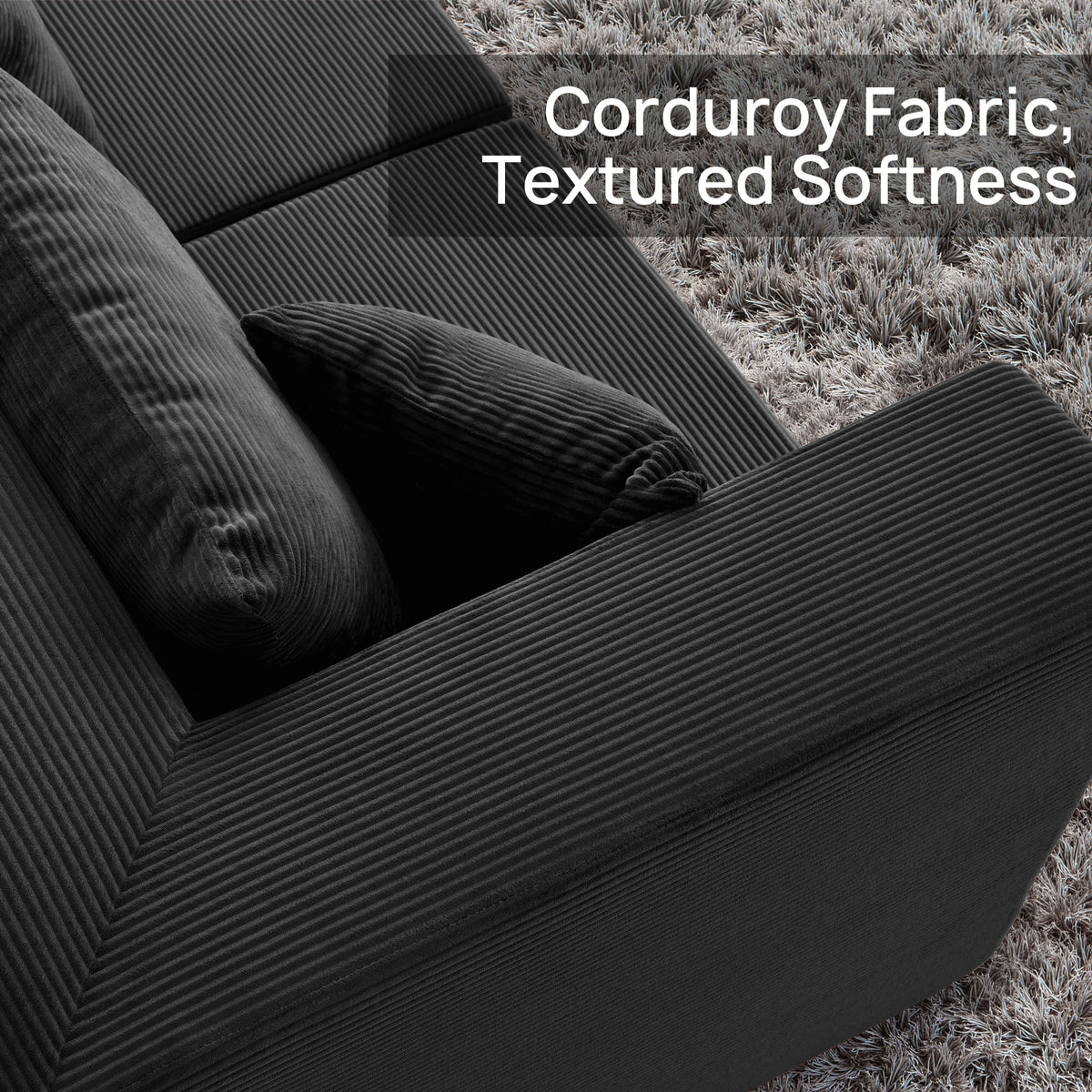 YINIX 140"Corduroy Sectional Sofa for Living Room, Comfy Cloud Couch with Movable Ottomans, Black