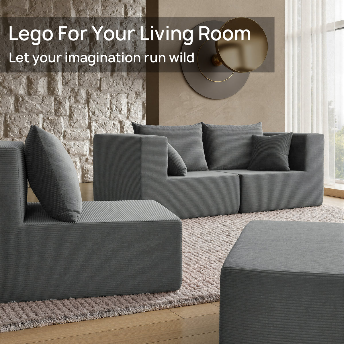 YINIX 140"Corduroy Sectional Sofa for Living Room, Comfy Cloud Couch with Movable Ottomans, Grey