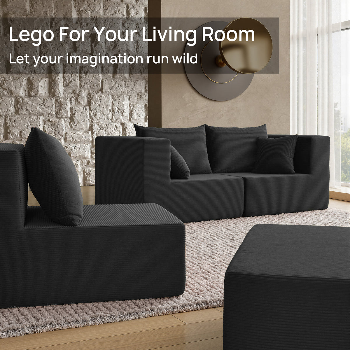 YINIX 140"Corduroy Sectional Sofa for Living Room, Comfy Cloud Couch with Movable Ottomans, Black