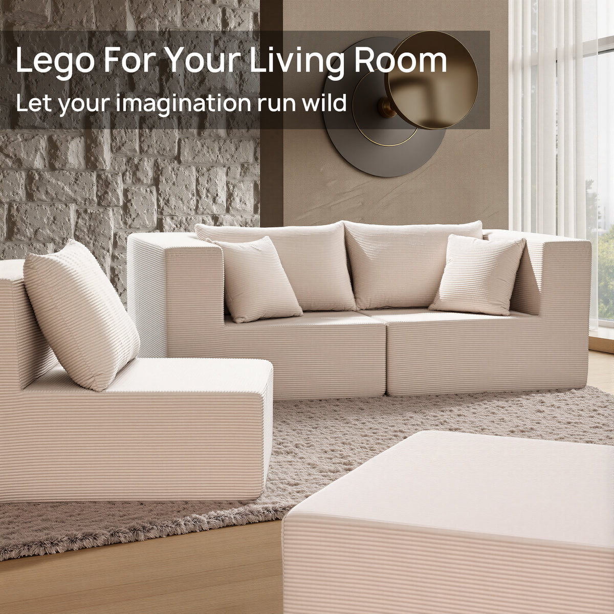 YINIX 140"Corduroy Sectional Sofa for Living Room, Comfy Cloud Couch with Movable Ottomans, Beige
