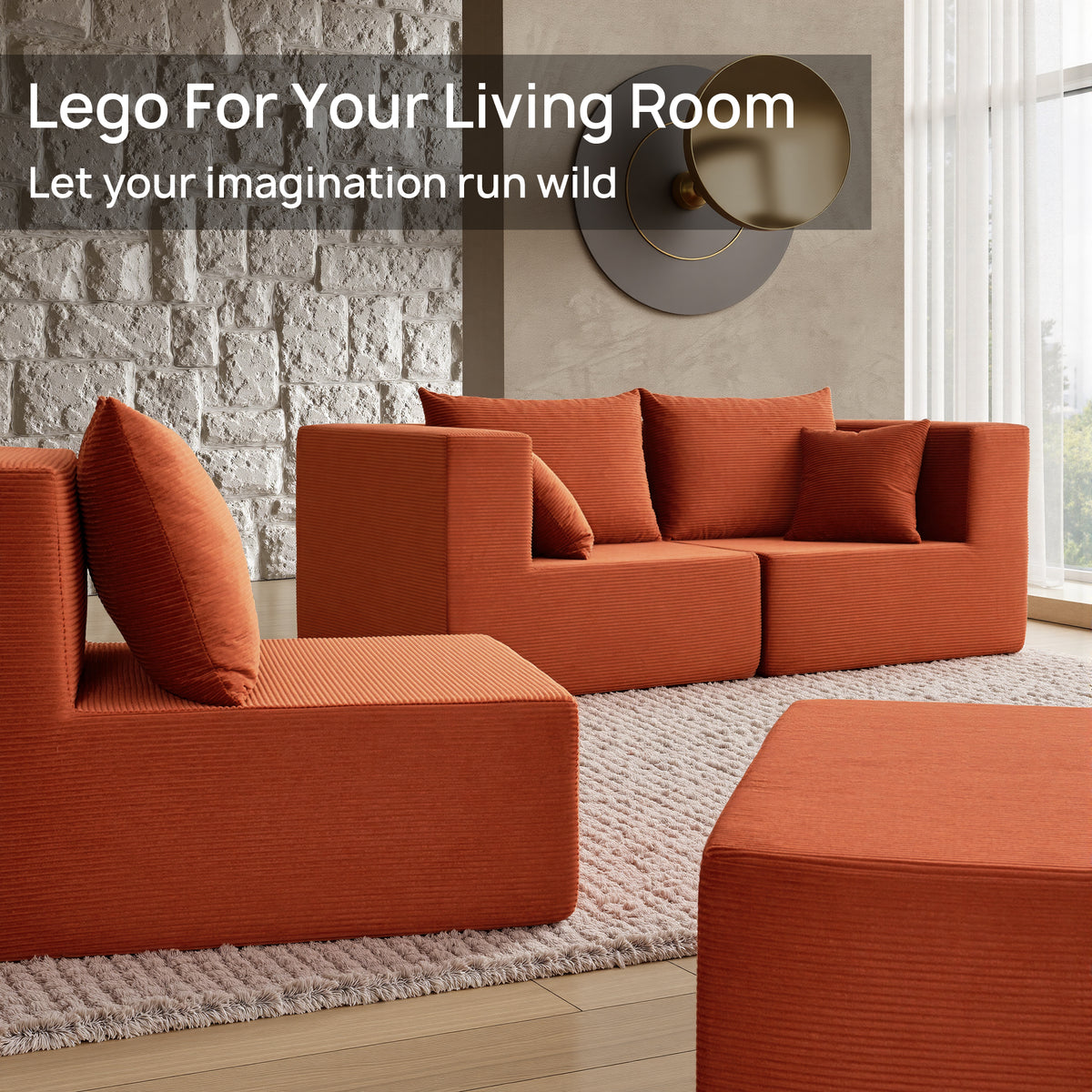 YINIX 140"Corduroy Sectional Sofa for Living Room, Comfy Cloud Couch with Movable Ottomans, Orange