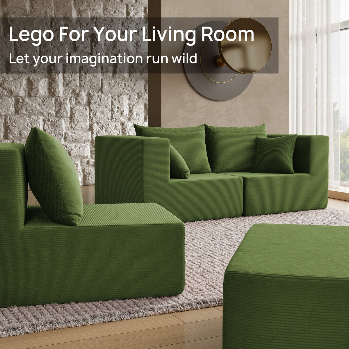 YINIX 140"Corduroy Sectional Sofa for Living Room, Comfy Cloud Couch with Movable Ottomans, Green