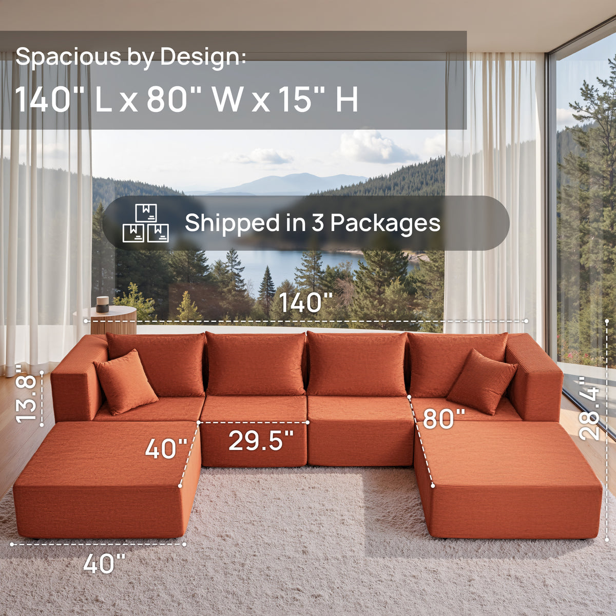YINIX 140"Corduroy Sectional Sofa for Living Room, Comfy Cloud Couch with Movable Ottomans, Orange