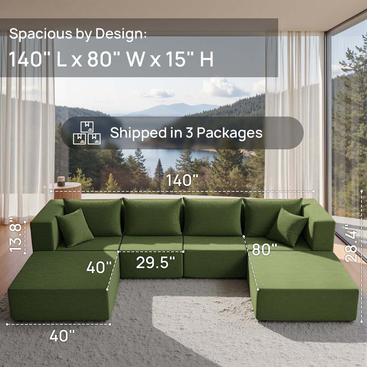 YINIX 140"Corduroy Sectional Sofa for Living Room, Comfy Cloud Couch with Movable Ottomans, Green