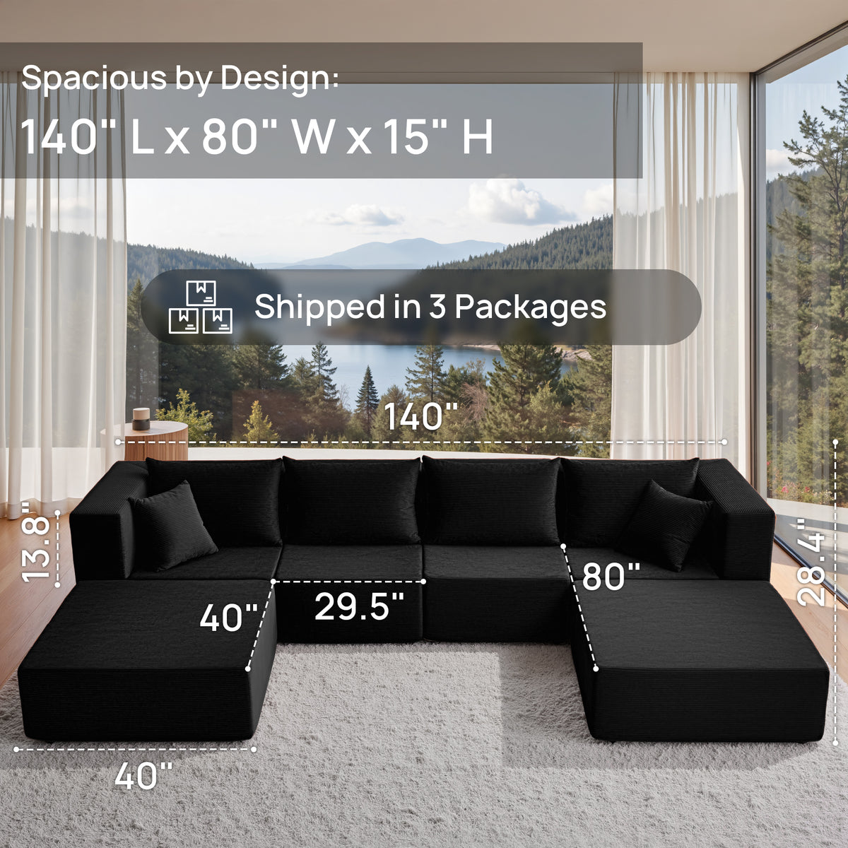 YINIX 140"Corduroy Sectional Sofa for Living Room, Comfy Cloud Couch with Movable Ottomans, Black