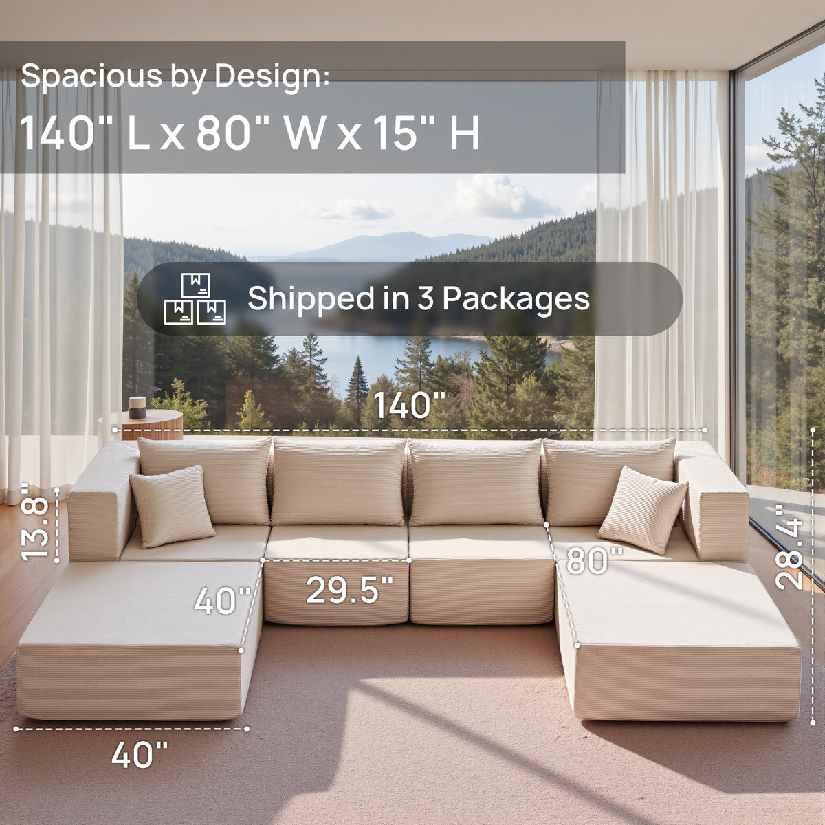 YINIX 140"Corduroy Sectional Sofa for Living Room, Comfy Cloud Couch with Movable Ottomans, Beige