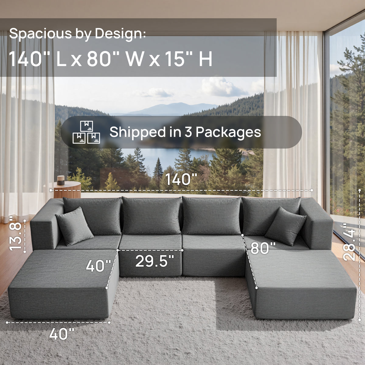YINIX 140"Corduroy Sectional Sofa for Living Room, Comfy Cloud Couch with Movable Ottomans, Grey
