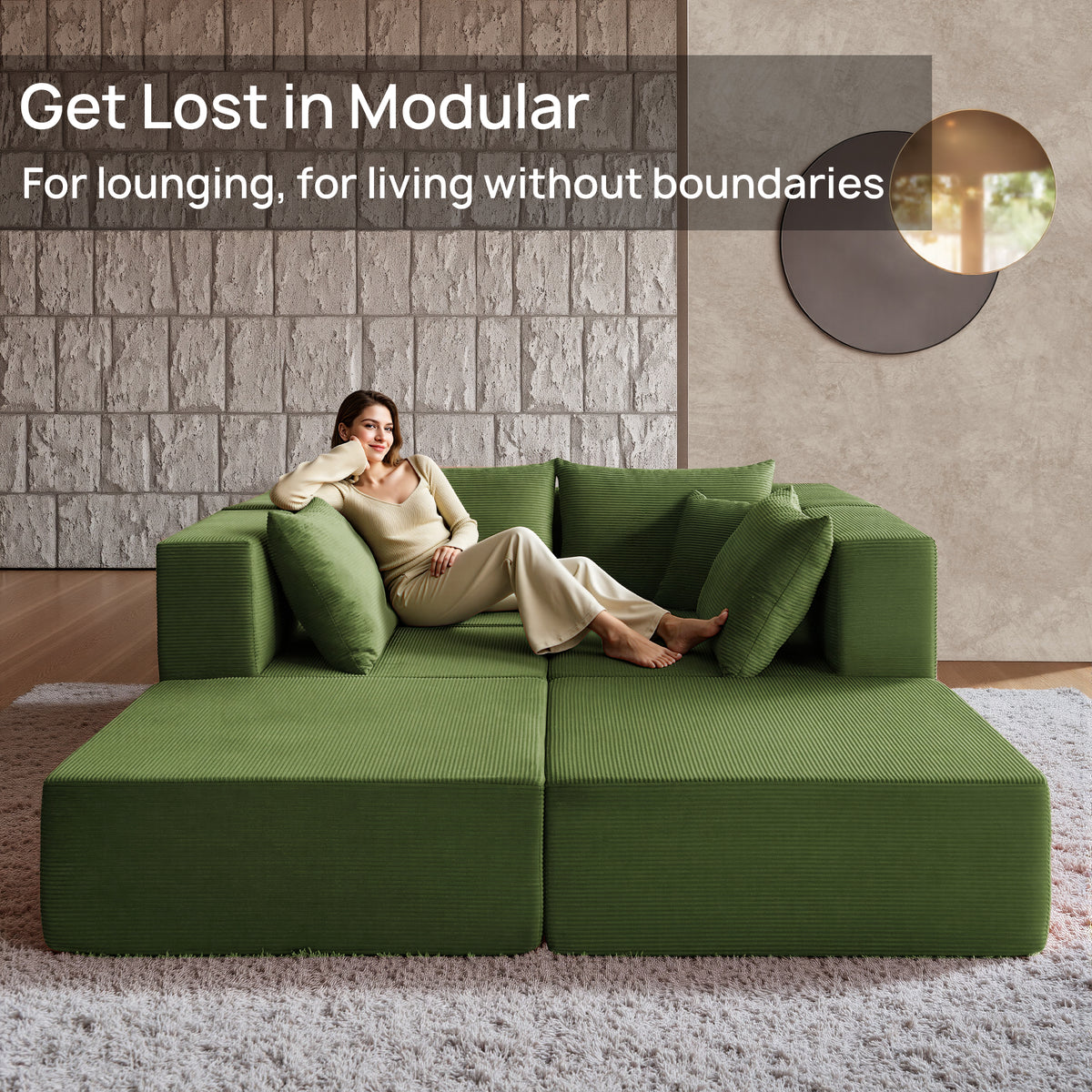 YINIX 140"Corduroy Sectional Sofa for Living Room, Comfy Cloud Couch with Movable Ottomans, Green