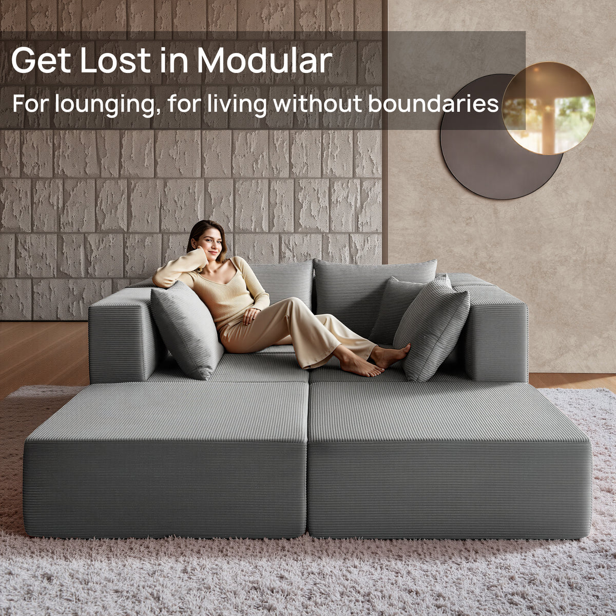 YINIX 140"Corduroy Sectional Sofa for Living Room, Comfy Cloud Couch with Movable Ottomans, Grey