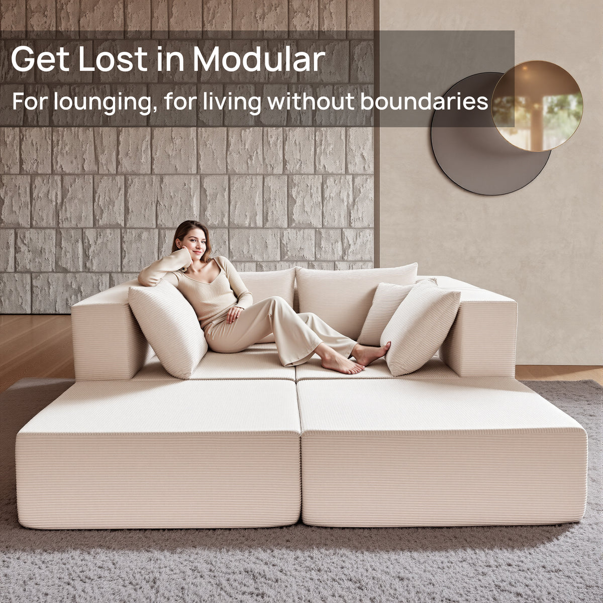 YINIX 140"Corduroy Sectional Sofa for Living Room, Comfy Cloud Couch with Movable Ottomans, Beige