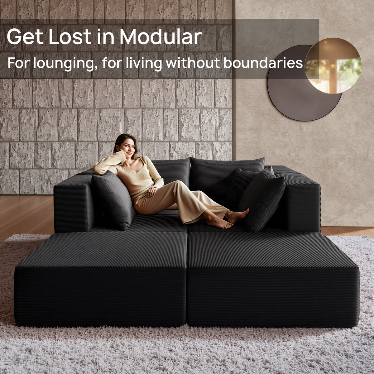 YINIX 140"Corduroy Sectional Sofa for Living Room, Comfy Cloud Couch with Movable Ottomans, Black
