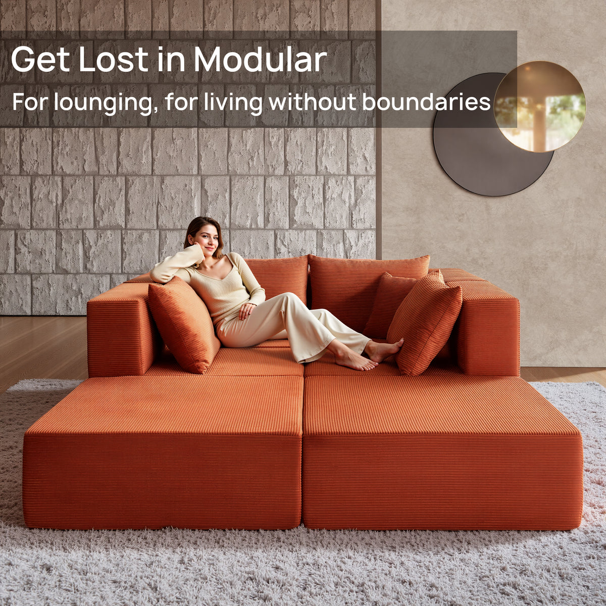 YINIX 140"Corduroy Sectional Sofa for Living Room, Comfy Cloud Couch with Movable Ottomans, Orange