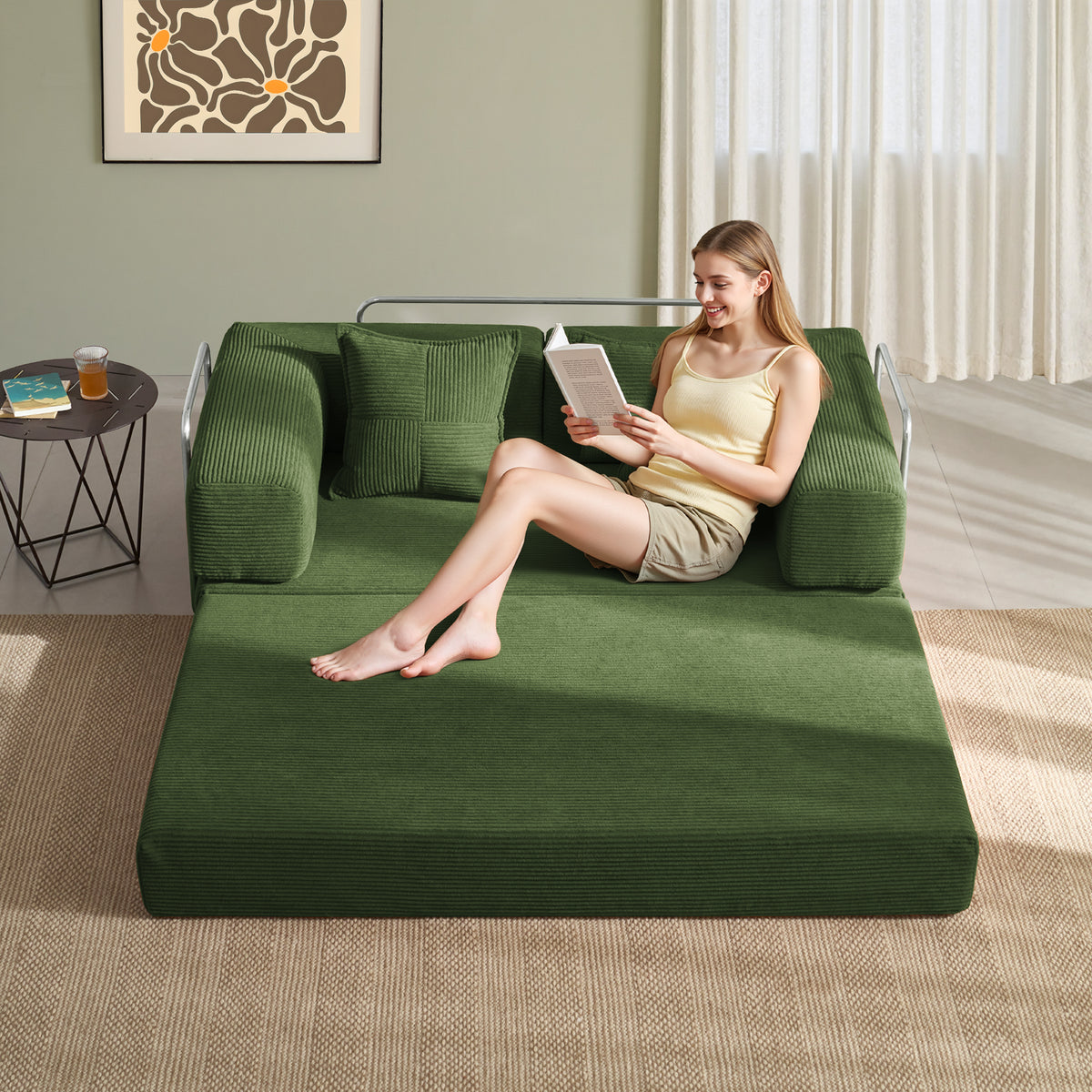 YINIX 62.9" Convertible Sleeper Sofa Bed with 2 Pillows, Removable Floor Sofa Couch for Living Room Small Spaces, Green